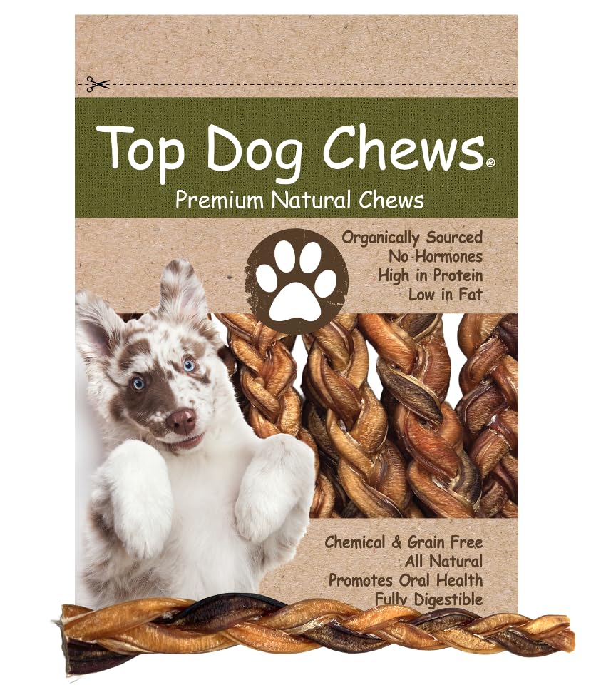 Top Dog Chews - 12 Braided Bully Sticks (10 Pack), 100% Natural Beef Pizzle Sticks, Long-Lasting Dog Chews, Healthy Protein-Rich