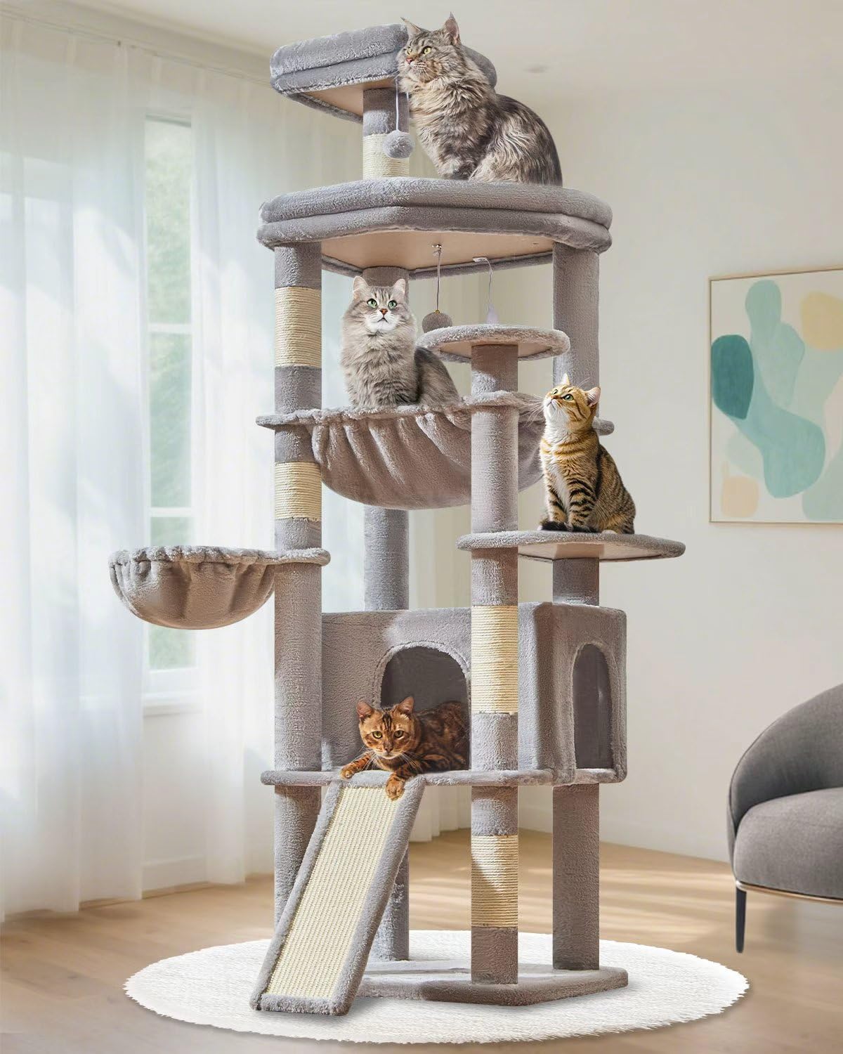 Taoqimiao 72 Inches Cat Tree for Large Cats, Multi-Level Tall Cat Tower, Widened Cat Condo with Large Scratch Board, 5 Scratchin