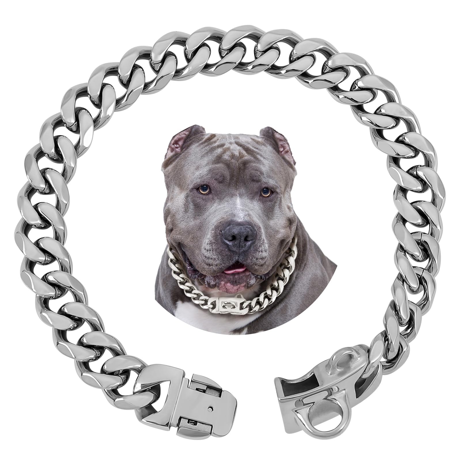 Baobote 15Mm Silver Stainless Steel Dog Collar With Cuban Link Chain Heavy Duty Chew Proof Training Collar For Dogs(26'' Silver)