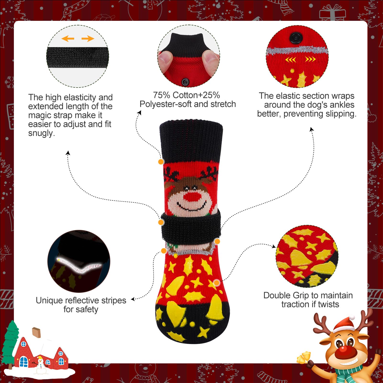 Beautyzoo Christmas Dog Socks To Prevent Licking Paws, Hardwood Floors Anti Slip, Non Slip Dog Socks With Grippers Dog Paw Prote