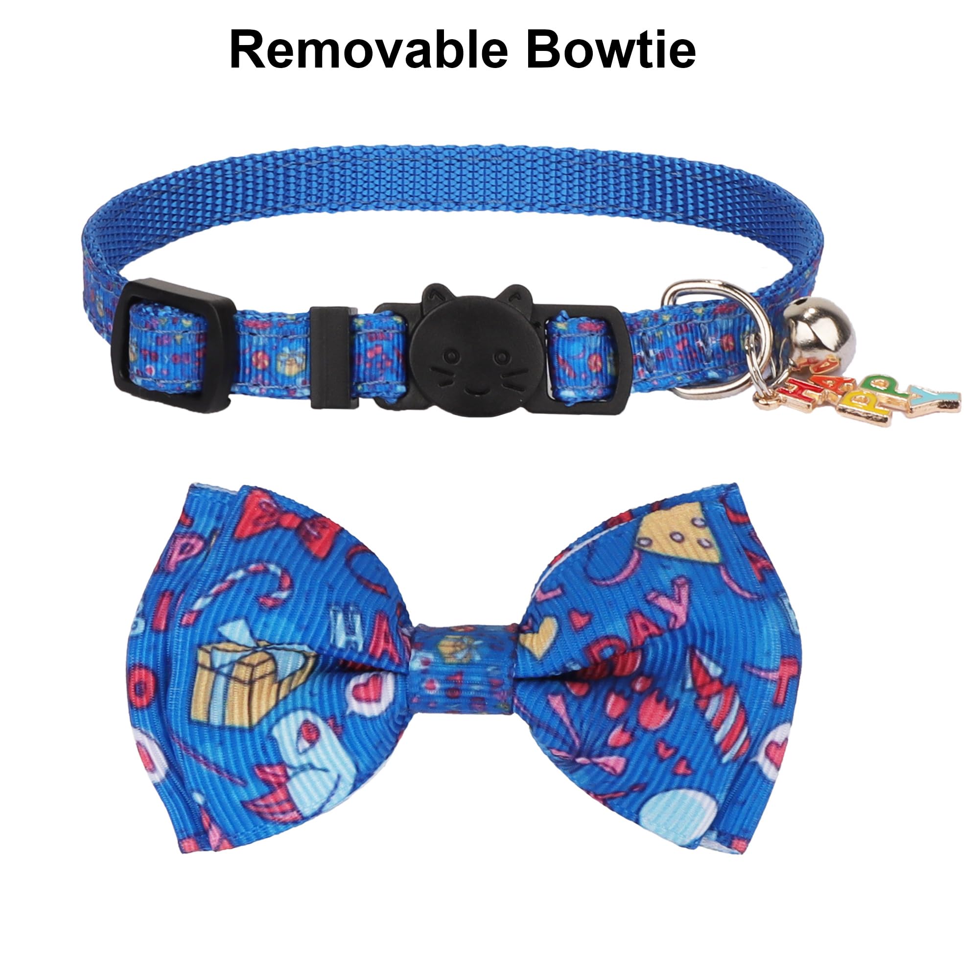 Adoggygo Birthday Cat Collars With Bow Bell, Breakaway White Blue Happy Birthday Bowtie Collars For Cats Kittens
