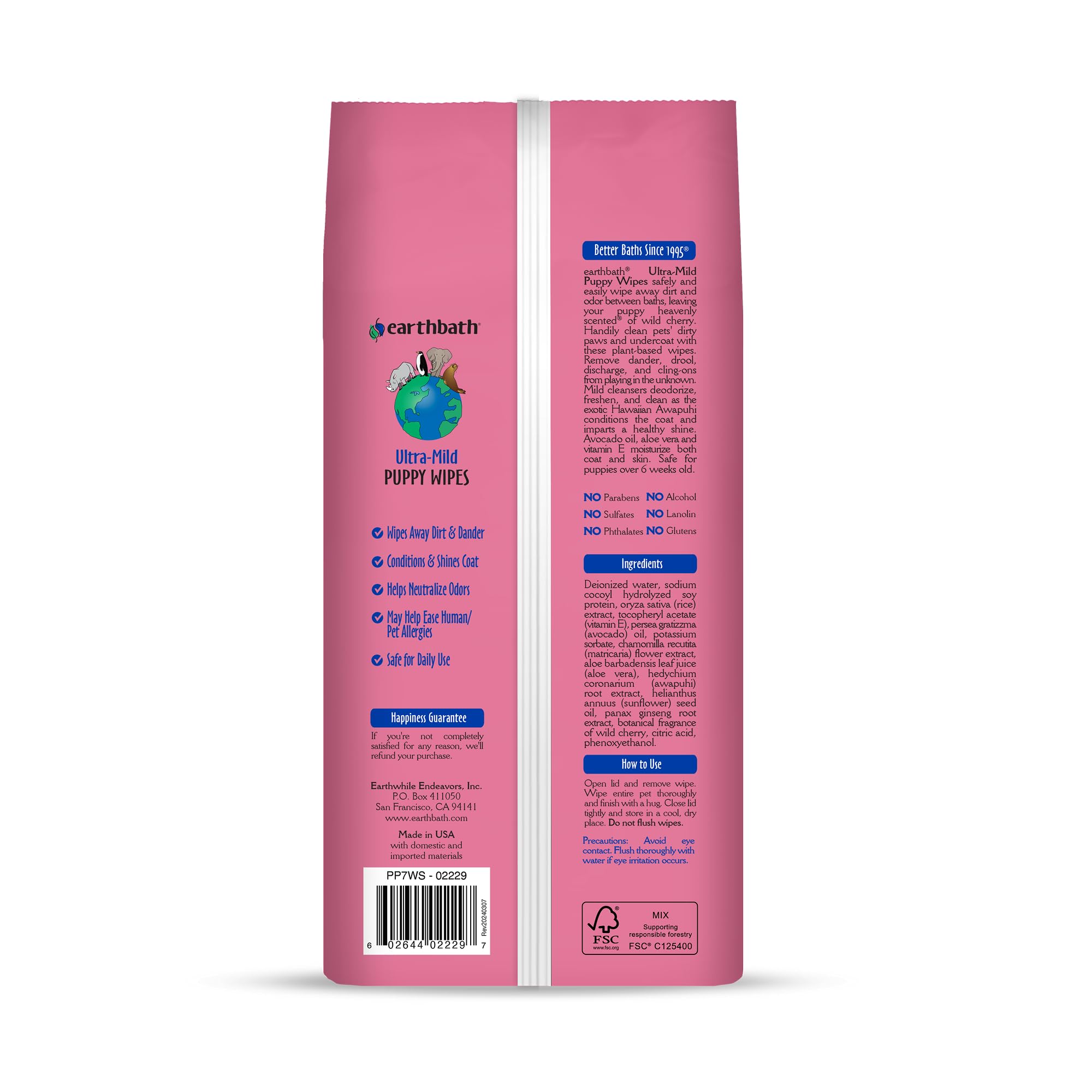 Earthbath, Ultra-Mild Wild Cherry Puppy Wipes - Dog Wipes For Paws And Butt, Best Pet Wipes For Dogs & Puppies, Made In Usa, Cru