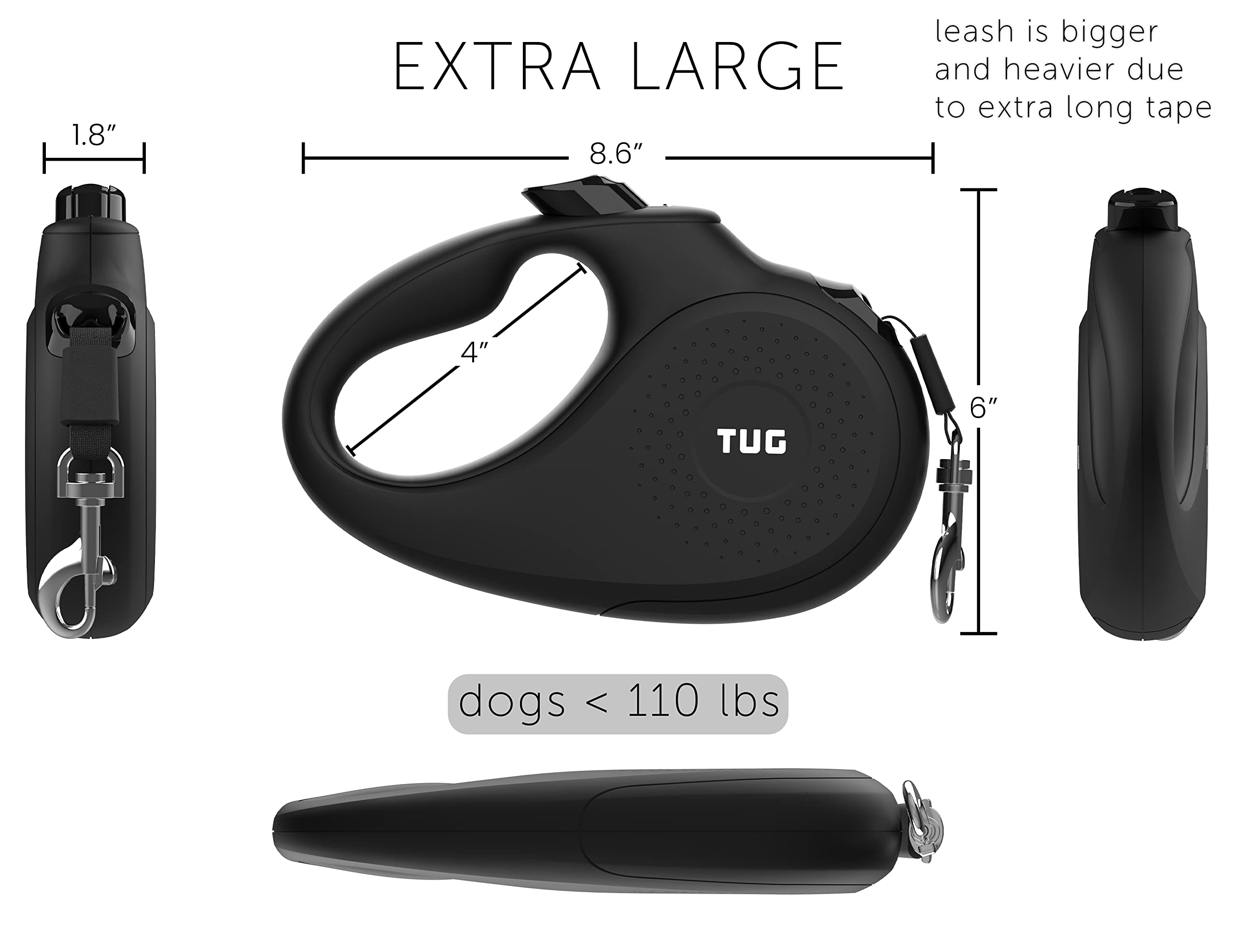 Tug Monochrome Xl 360 Tangle-Free Retractable Dog Leash | 26 Ft Strong Nylon Tape | One-Handed Brake, Pause, Lock (Extra Large,