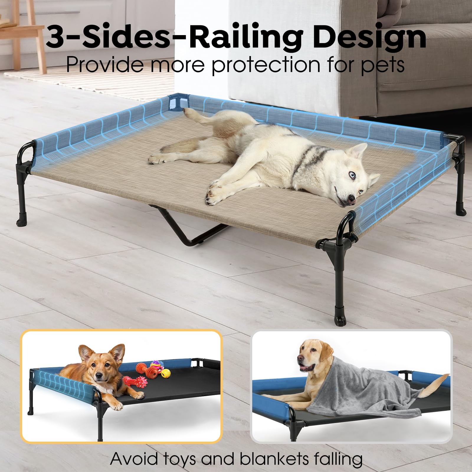 Veehoo Elevated Raised Dog Bed-Cooling Outdoor Dog Cot Three-Sided Fence Raised Pet Cot with Durable & Breathable Mesh &No-Slip
