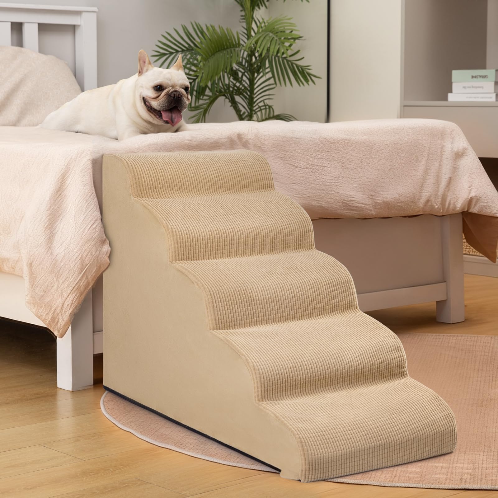 Aodisman 5-Step Dog Stairs and Ramp for High Bed, Non-Slip Sturdy Pet Steps for Small Dogs and Cats,22.2 H,Khaki