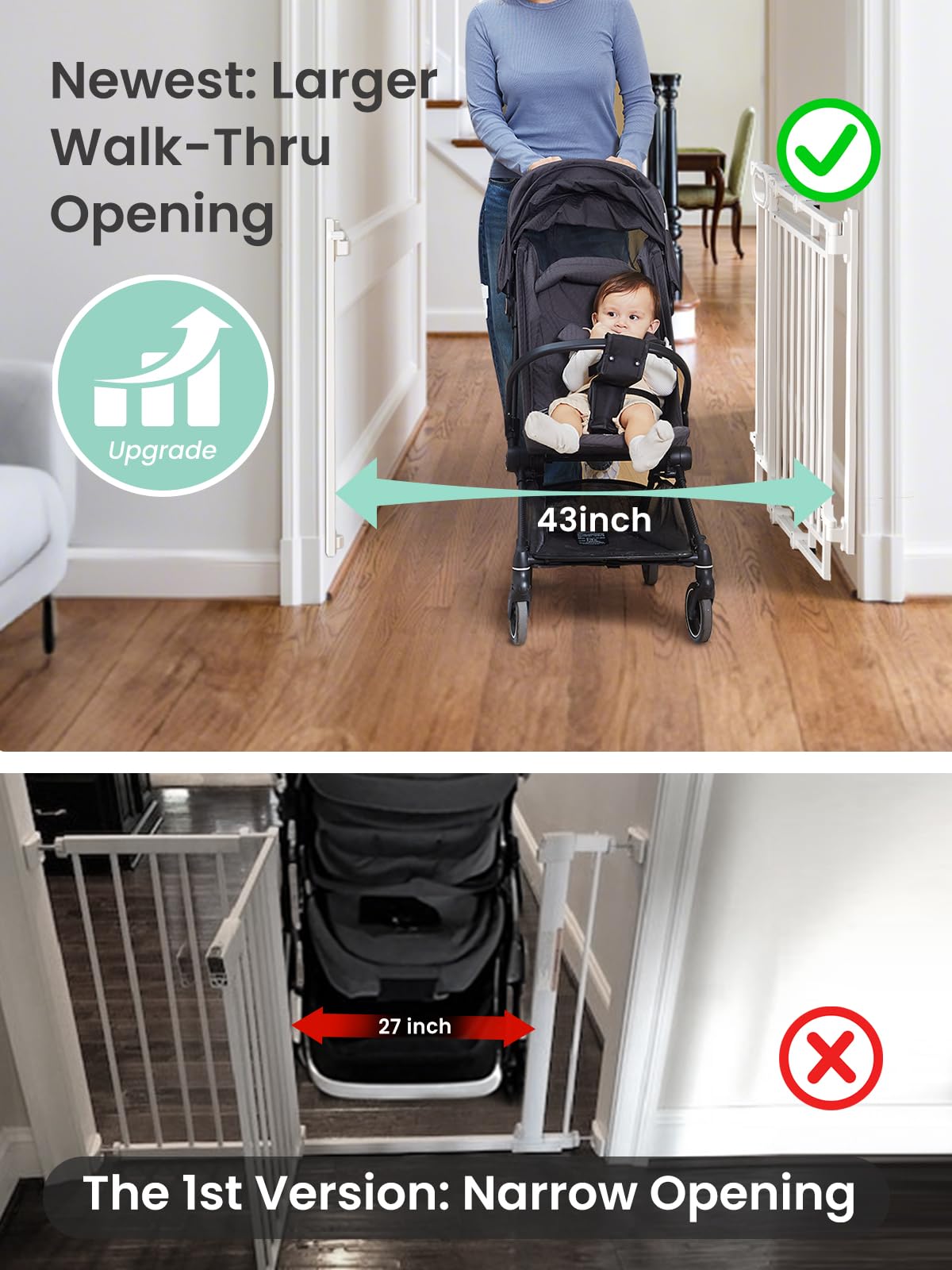 Mom's Choice GROWNSY Baby Gate No Bottom Bar, Adjustable Width 26    to 36    for Child and Pet, Dog Gate with Auto-Close & One-