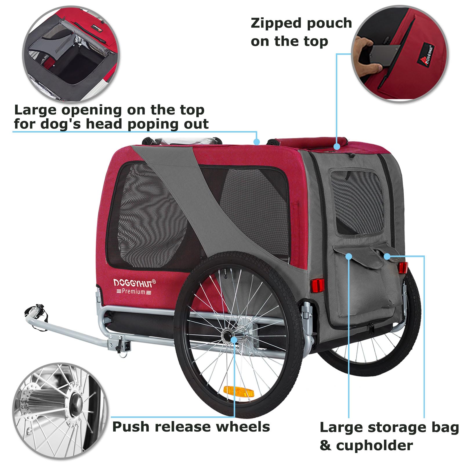 Doggyhut?Premium Xl Pet Bike Trailer For Large Dog Or Multiple Small Dogs, Up To 100 Lbs,Dog Bicycle Carrier,Low Center Of Gravity,Easy Folding Frame Cart (Red)