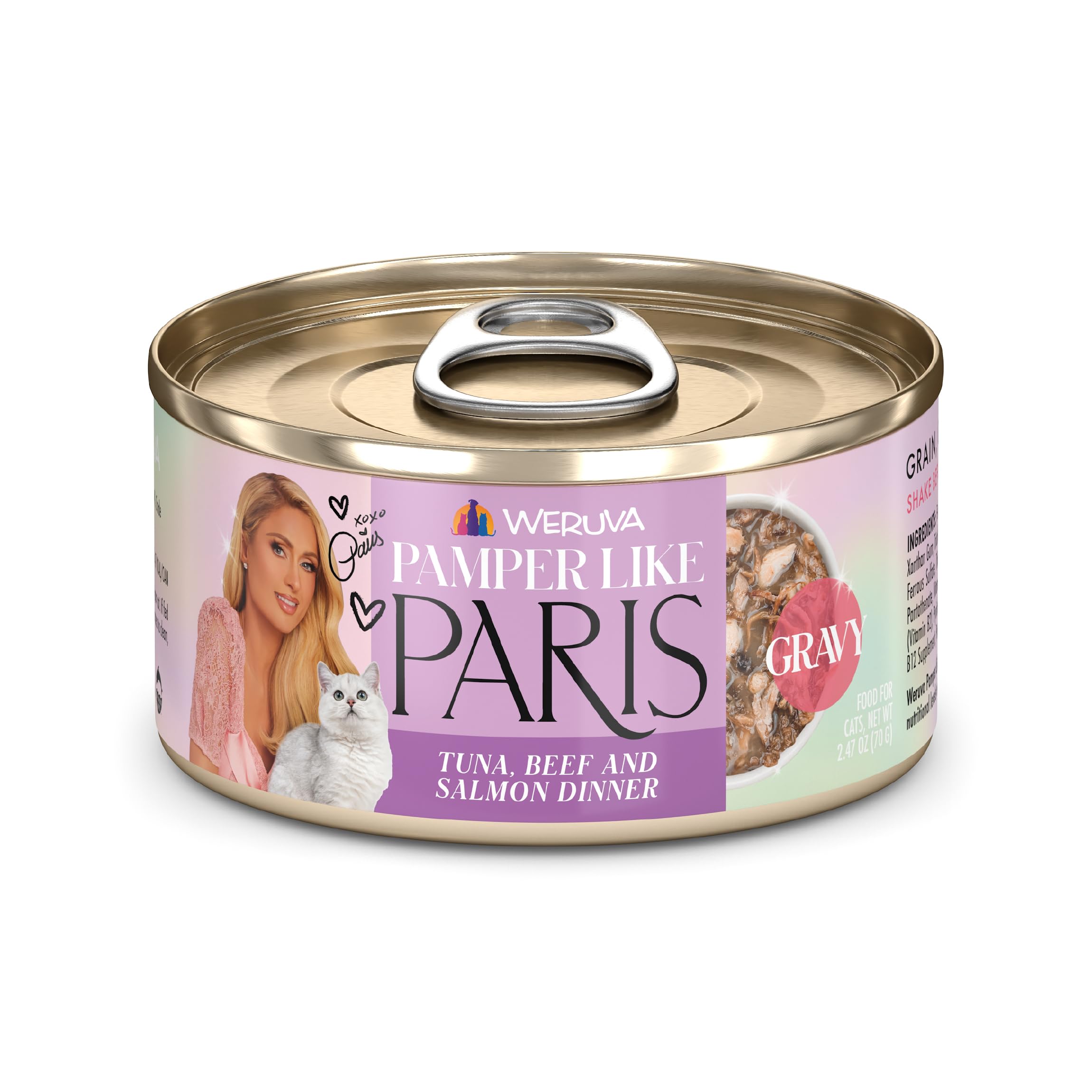 Weruva Paris Hilton Pamper Like Paris Natural Grain Free Wet Cat Food, Tuna, Beef, and Salmon in Gravy, 2.47oz Can (Pack of 12)