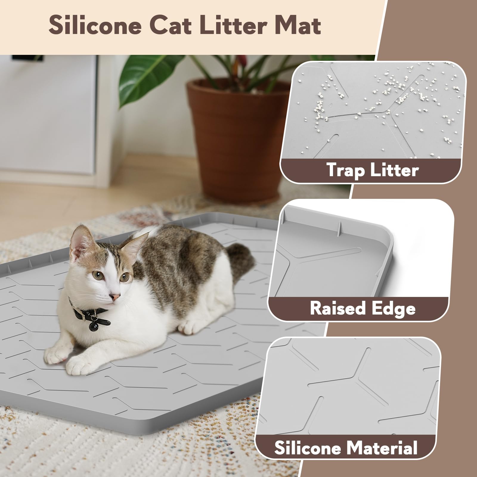 Garoopion Cat Mat For Litter Box, Large 34'' X 22'' Cat Litter Mat, Waterproof Silicone Pad For Floor, Gray