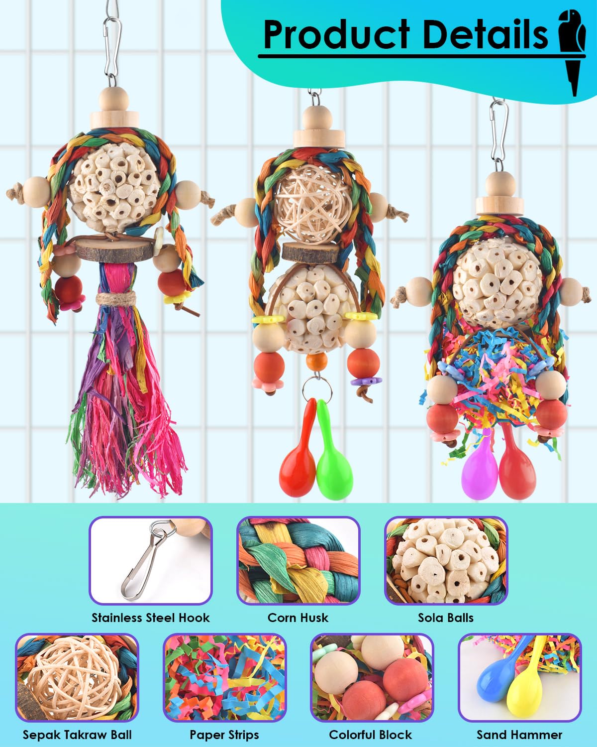 Bissap 3Pcs Bird Parrot Foraging Shredder Hanging Toys Sola Balls With Sand Hammer For Small Parrots Parakeets Conures Cockatiel