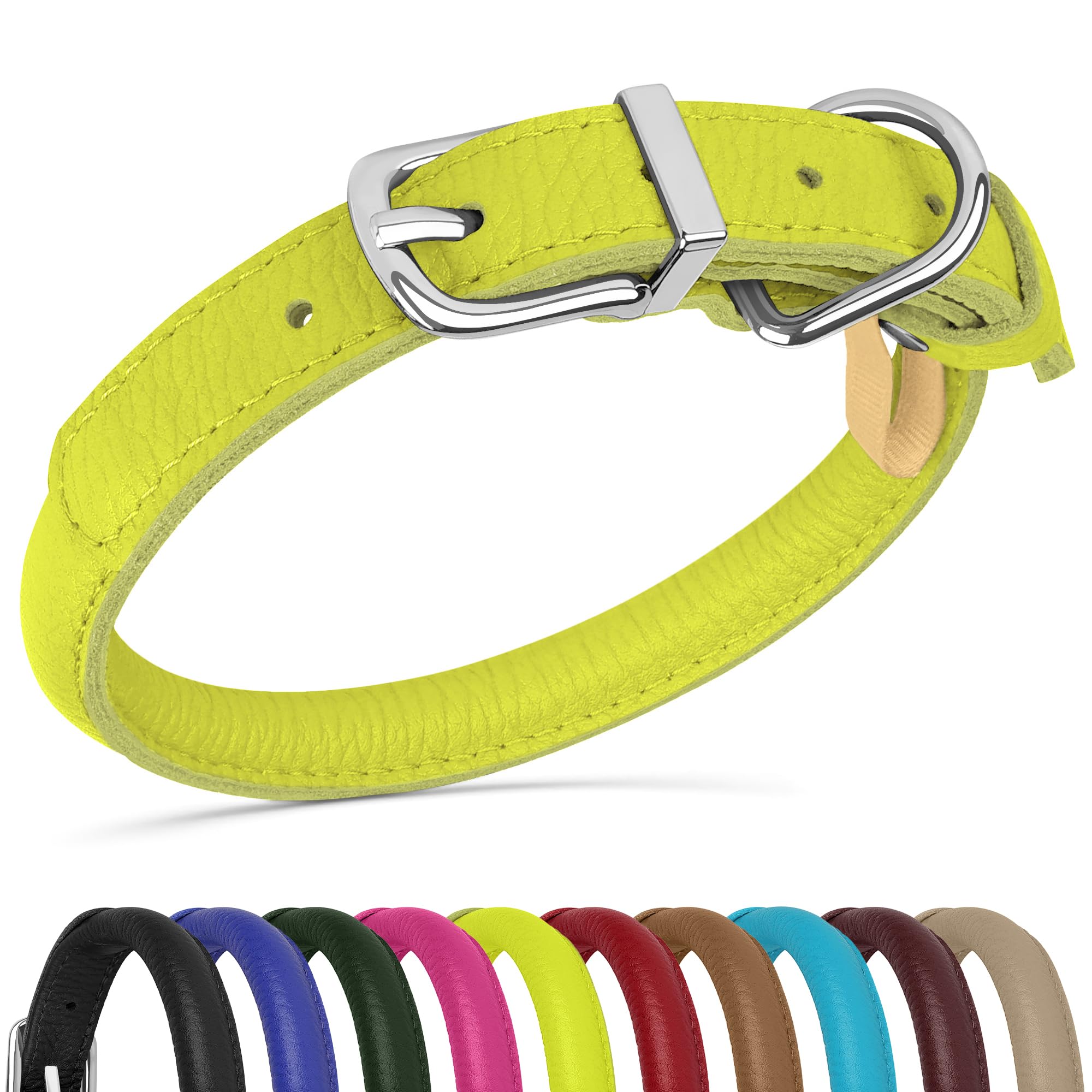 Oopsdoggy Rolled Leather Dog Collar Soft Roll Collars For Small Medium Large Dogs Puppy (Lime Green, S, 10''-13'')