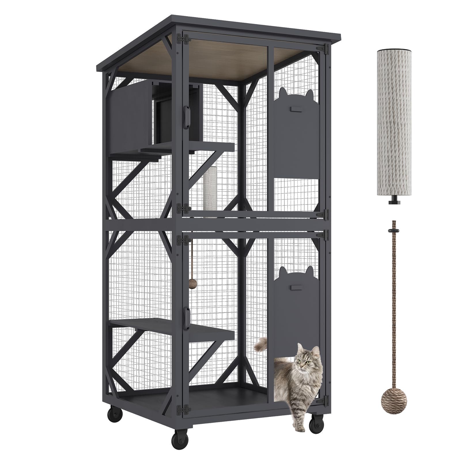 Roomtec Catio Outdoor Enclosure With Roof 71'' Height Wooden House Large Cage With 3 Jumping Platforms And 1 Napping House For C