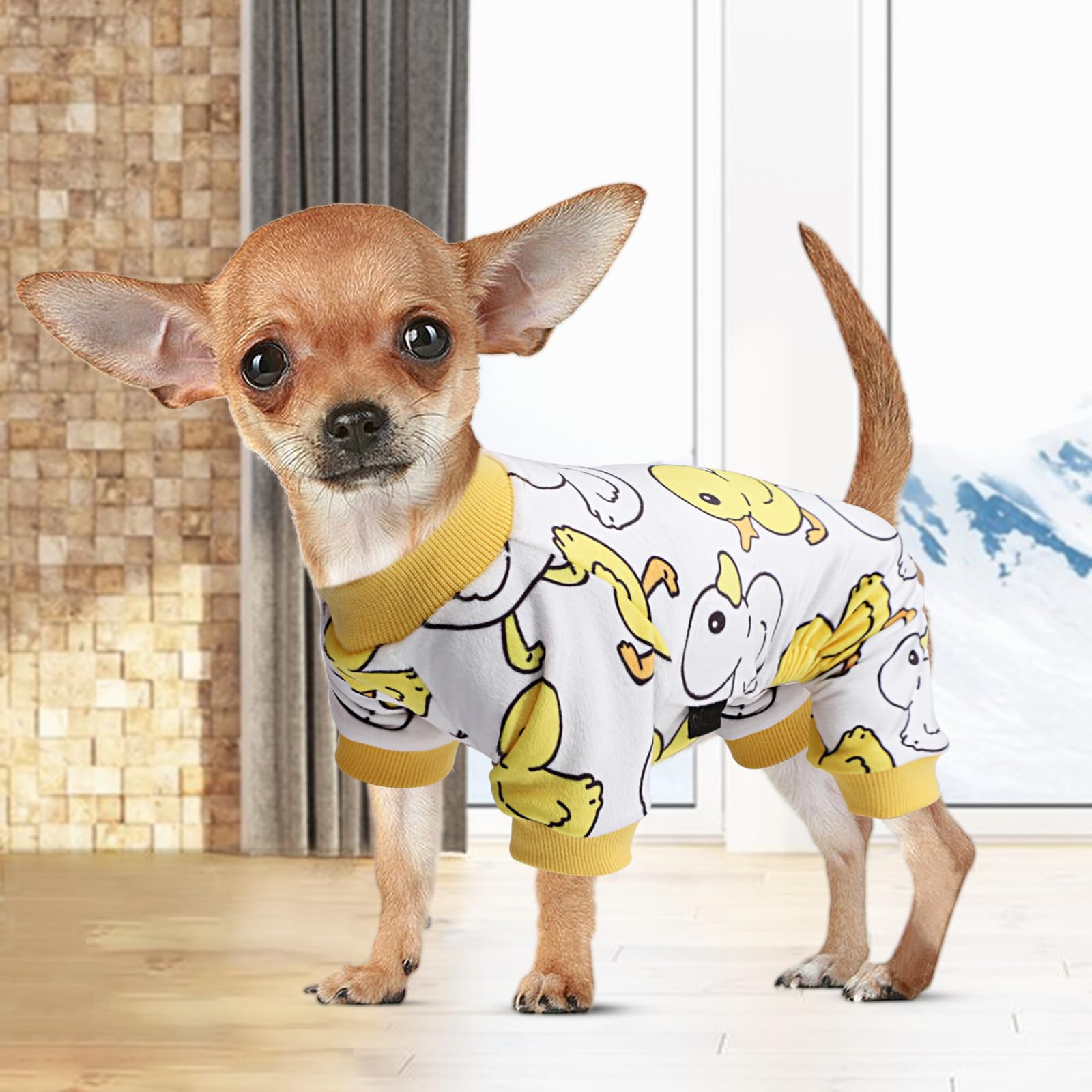 Kosiyi Dog Pajamas for Small Sized Girl Boy, Yellow Duck Lightweight Velvet Pet Pjs, Fleece Stretch Onesie, Puppy Winter Spring