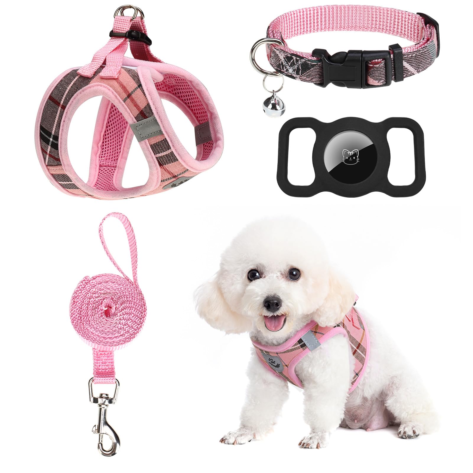 Expawlorer Classic Plaid Puppy Harness - Small Dog Harness And Leash Set - Dog Collar And Leash Set With Airtag Holder, Soft Pad