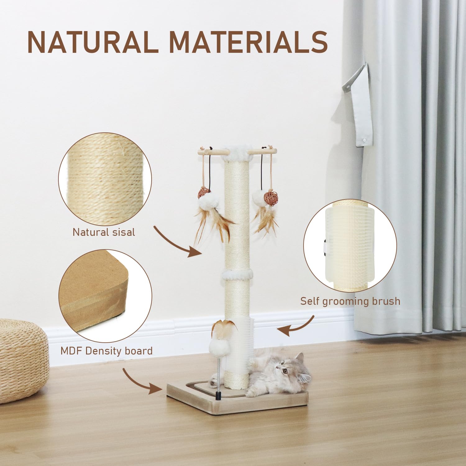 Peekab Cat Scratching Post 27 Inches Sisal Scratch Posts With Track Ball Toys For Indoor Cats,Kittens Scratcher Toy Beige