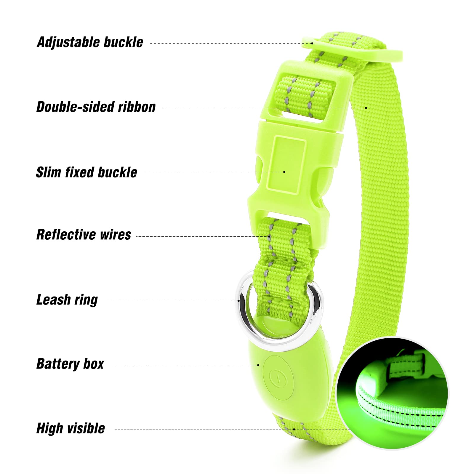 Visinite Light Up Dog Collars For Small Dogs,Led Dog Collar Light Rechargeable,Fully Adjustable Lighted Dog Collar,Glow In The Dark Dog Collars With Dog Lights For Night Walking,Green