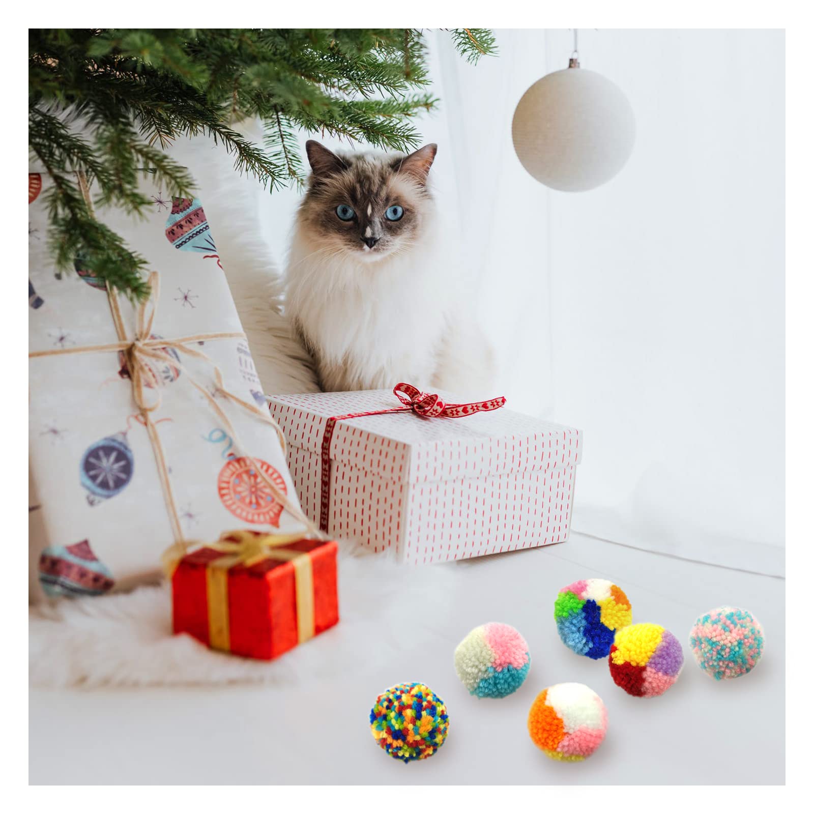 Andiker 6 Pcs Assorted Color Cat Ball Toys, Woolen Yarn Puffs Cat Pom Pom Balls Interactive Kitten Chasing Toys
