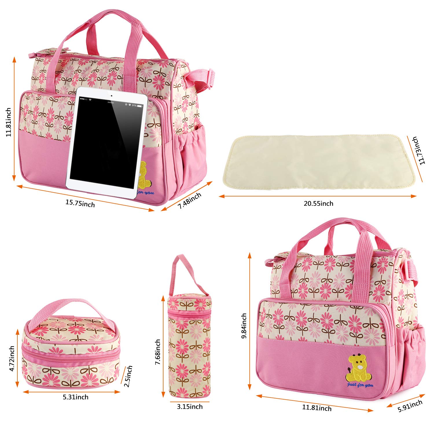 5PcS Diaper Bag Tote Set - Baby Bags for Mom (Pink)