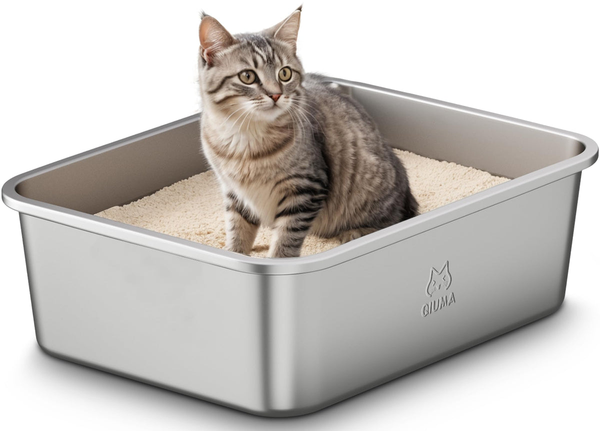 Qiuma Stainless Steel Cat Litter Box With Handle, Metal Kitty Litter Box With High Sided For Small Cats, Non-Stick, Easy To Clea