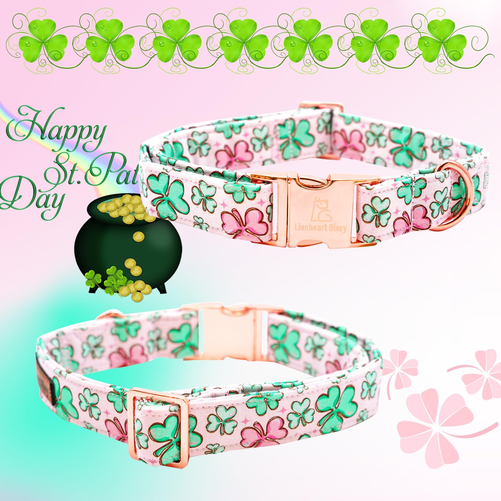 Lionheart Glory St. Patrick Dog Collar, Clover Pink Collar For Medium Dogs Spring Female Dog Collars Adjustable Heavy-Duty Dog C