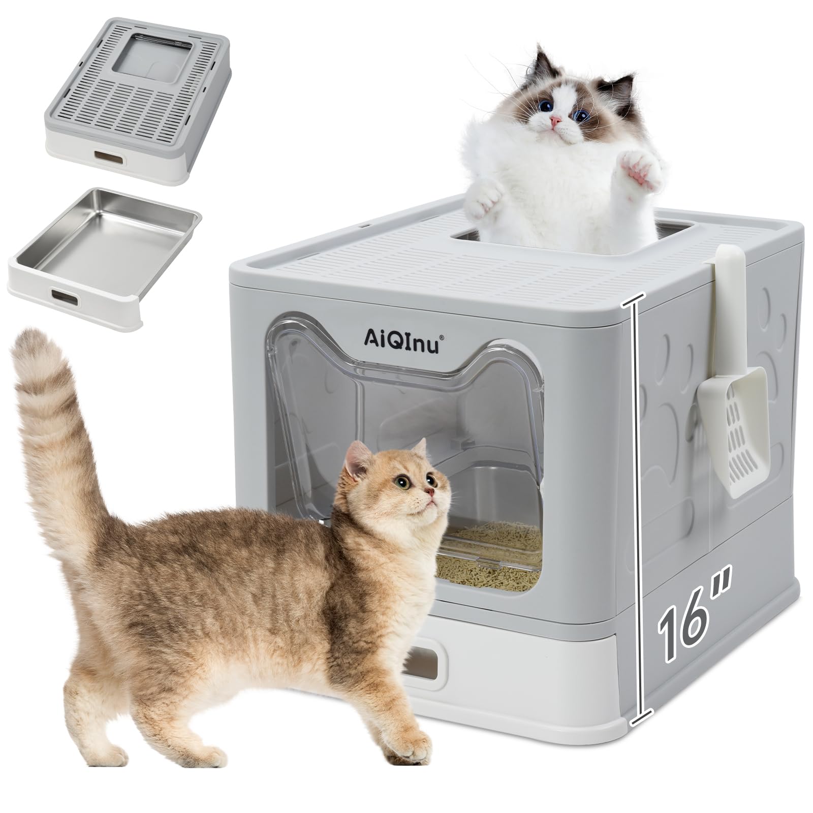 Aiqinu Stainless Steel Cat Litter Box With Lid And Scoop - Up To 20 Lbs, Foldable Large Enclosed Metal Litter Box With High Side