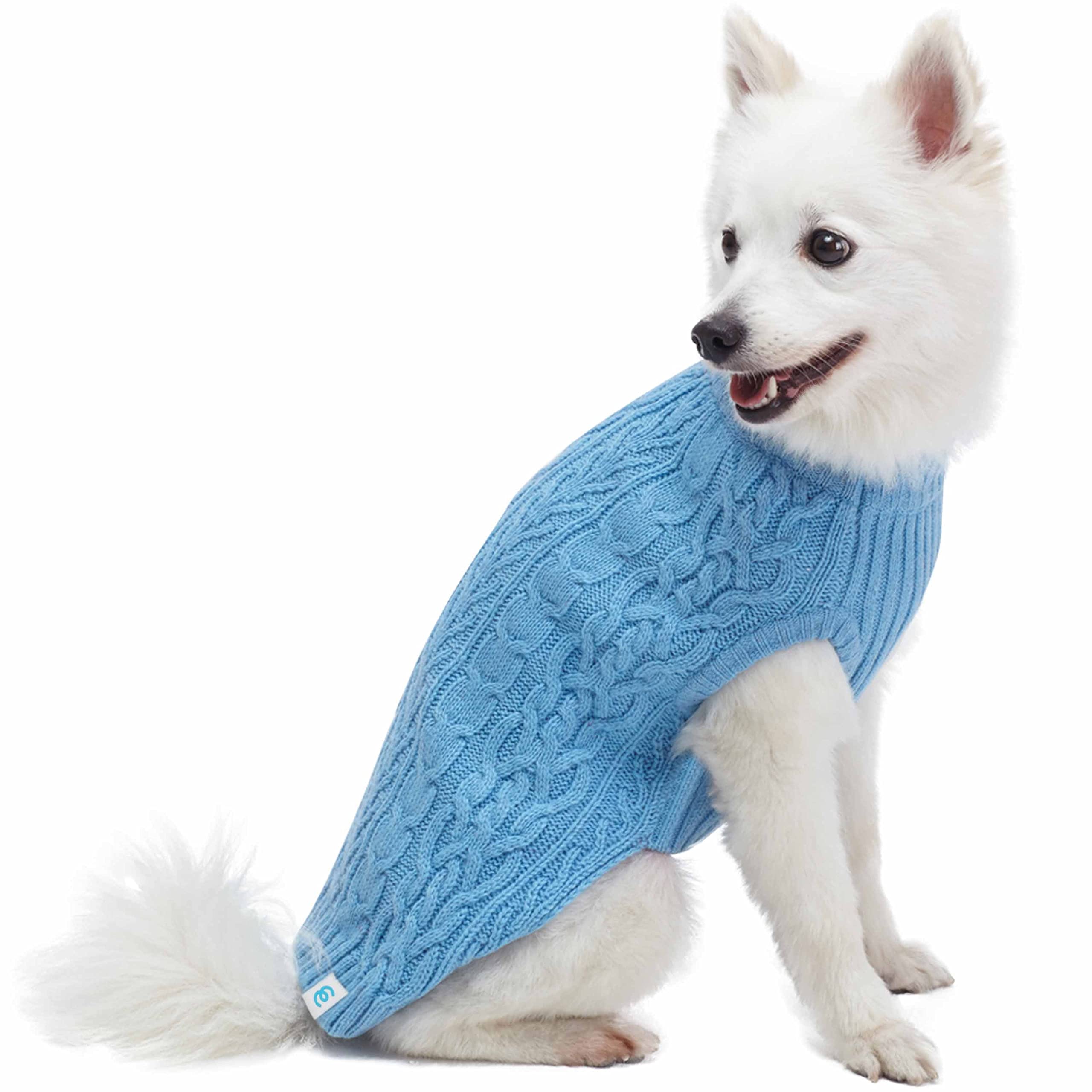 Blueberry Pet Classic Dog Sweater Wool Blend Cable Knit Pullover Crewneck Winter Clothes In Alaskan Blue, Back Length 18', Large Warm Coat For Pet