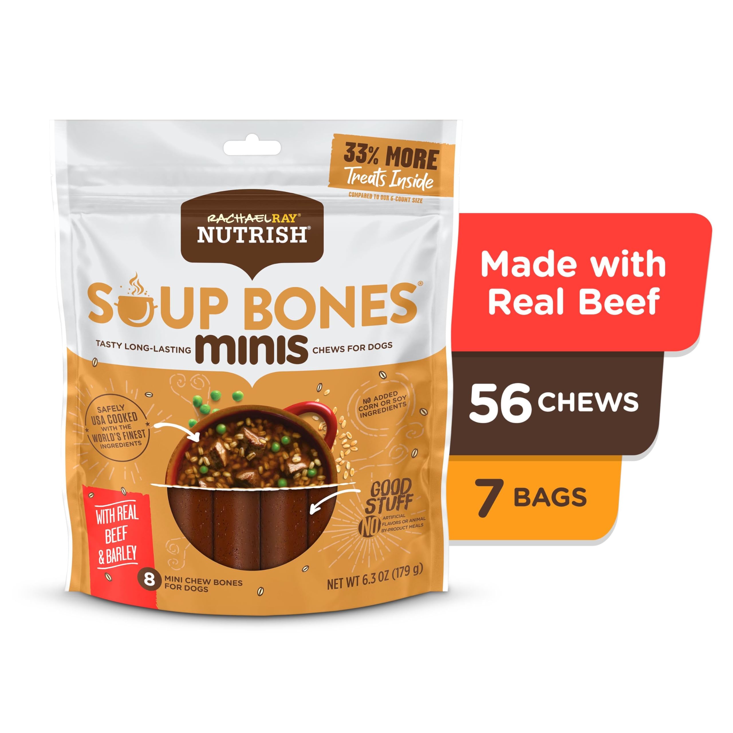 Nutrish Soup Bones Minis Dog Chews with Real Beef & Barley, 6.3oz Pouch, Pack of 7