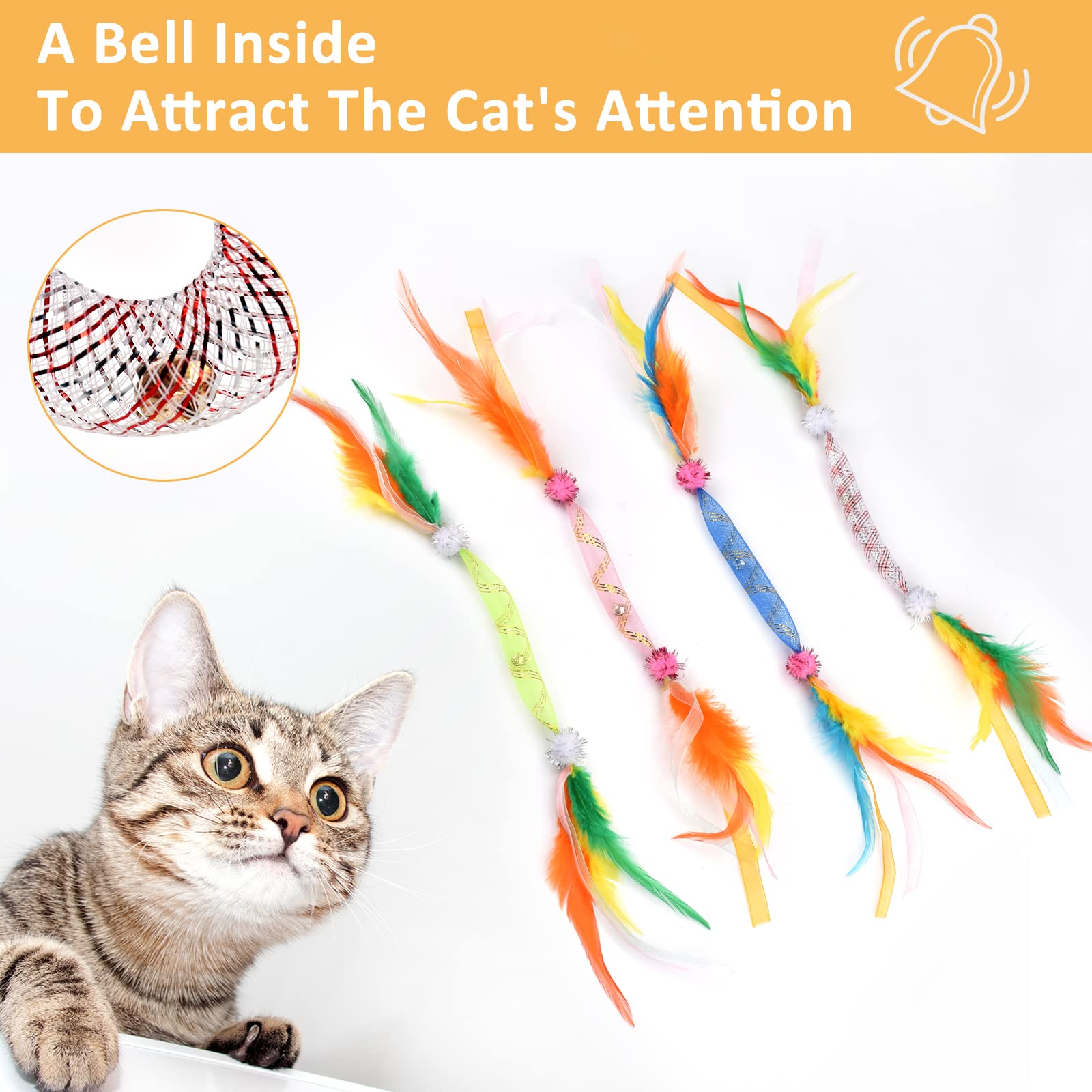 Tusatiy Cat Feather Toys With Bell 4Pack, Colorful Cat Teaser Cat Springs Ribbon Toys,Interactive Cat Toys For Indoor Cats Kitte