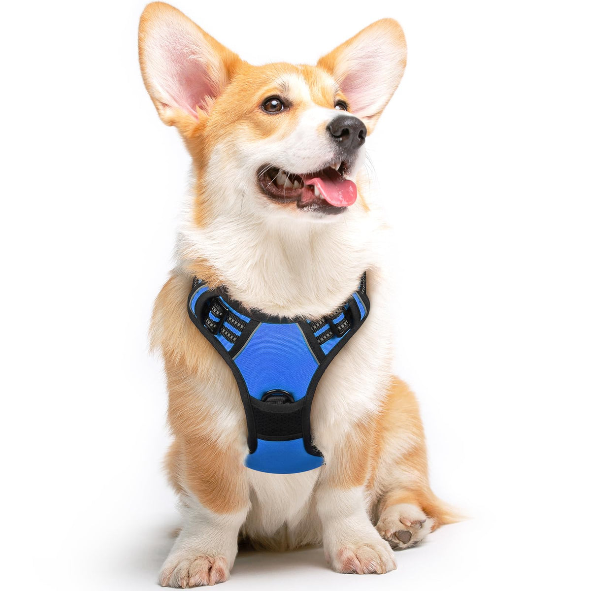 Eagloo Dog Harness Medium Sized Dog, No Pull Service Vest With Reflective Strips And Control Handle, Adjustable And Comfortable For Easy Walking, No Choke Pet Harness With 2 Metal Rings, Blue, M