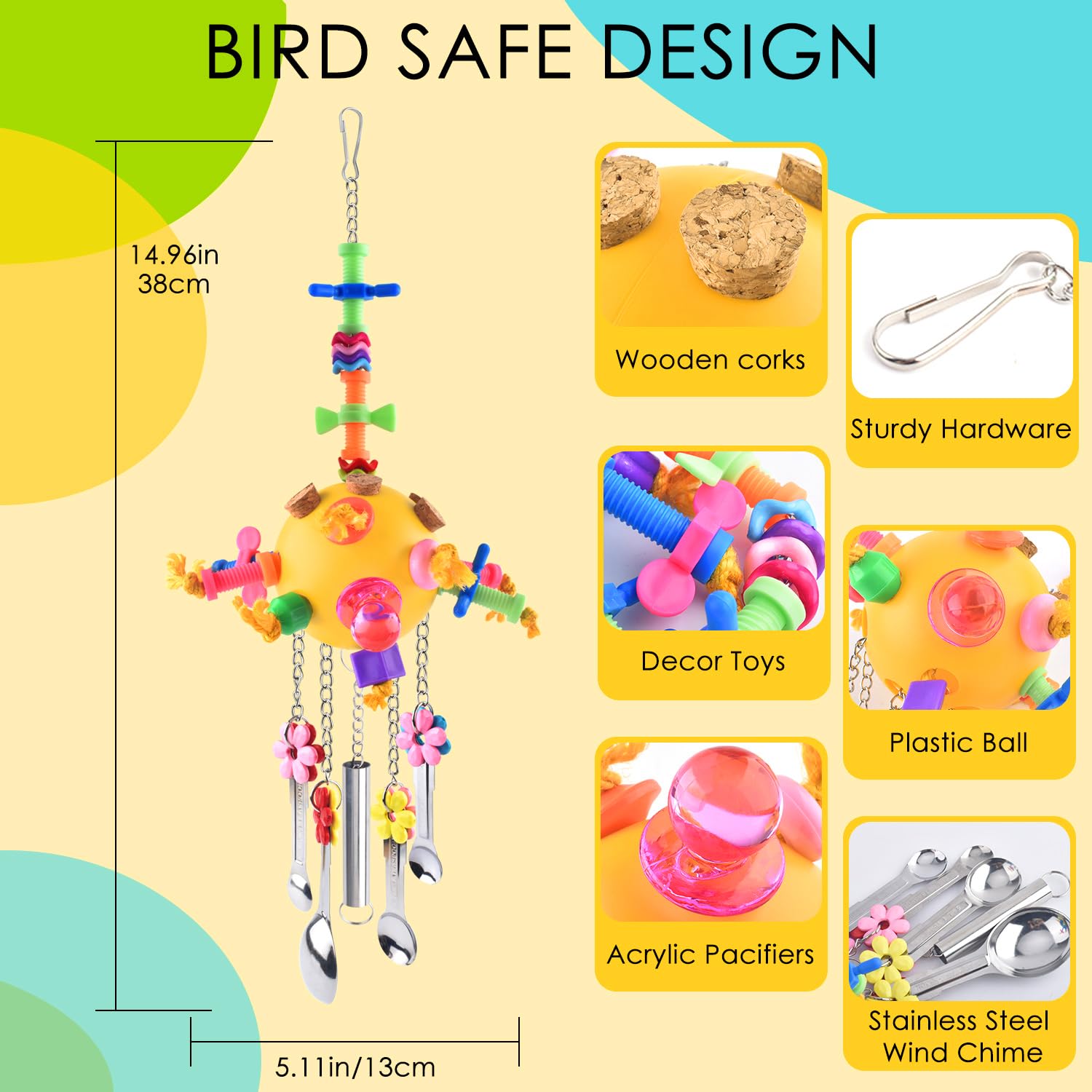KATUMO Bird Toys Pull Spoons Colorful Acrylic Stick Toys Parrot Chew Toy for Amazon Parrot, African Grey, Conure, Caique, Quaker