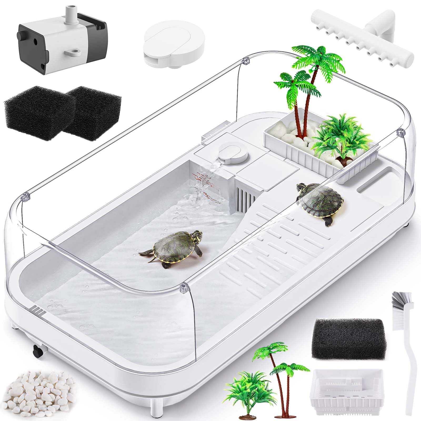 Moonorange Large Turtle Tank With Water Pump, Acrylic Turtle Tank Starter Kit With Heightened And Curved Fences, Multi-Function 