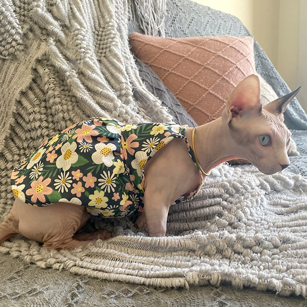 Hairless Cat Clothes - Breathable Summer Cotton Sundress With Sunflower Print Sleeveless Skirt Elegant Romantic Girly Vest Soft