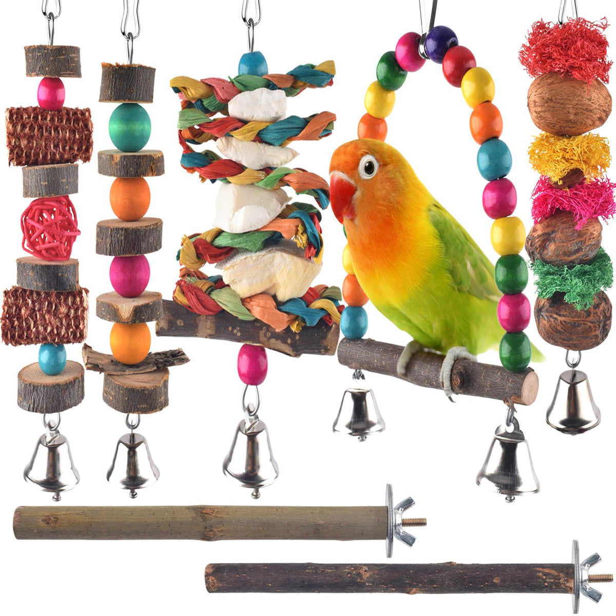 Bissap Bird Chew Toys, 7 Packs Parakeet Natural Wood Toys Parrot Hanging Cage Toy Bird Perch Stand For Small Bird Conure Cockati