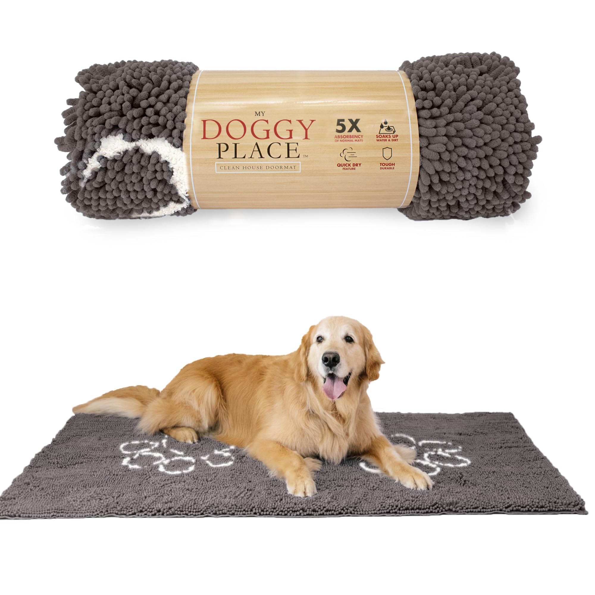 My Doggy Place Microfiber Dog Mat for Muddy Paws, 60 x 36 Ash with Paw Print - Non-Slip, Absorbent and Quick-Drying Dog Paw Clea