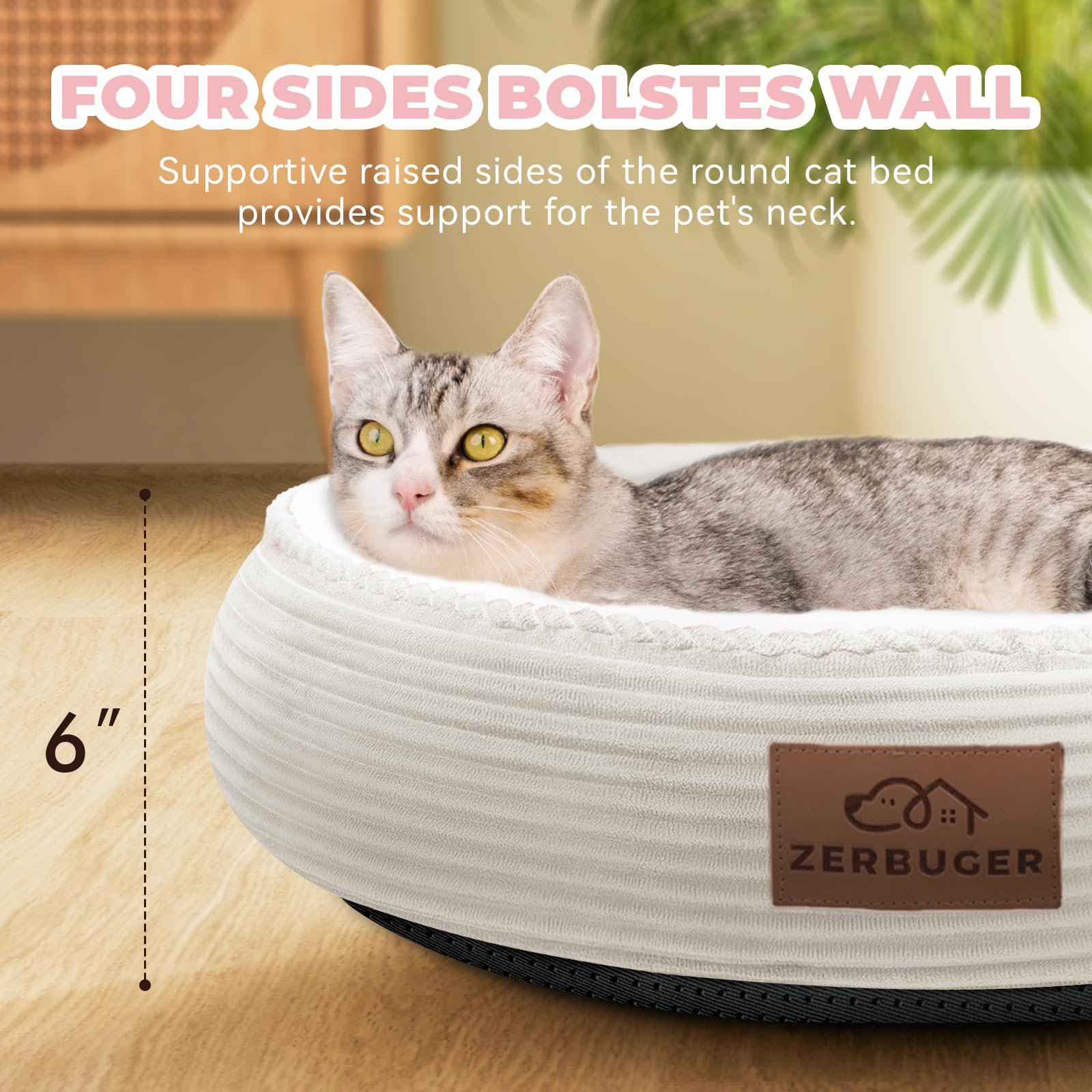 Zerbuger 20" Cream Round Cat Dog Bed - Soft Polyester, Machine Washable, Non-Slip, Calming Pet Cuddler for Indoor/Outdoor Use