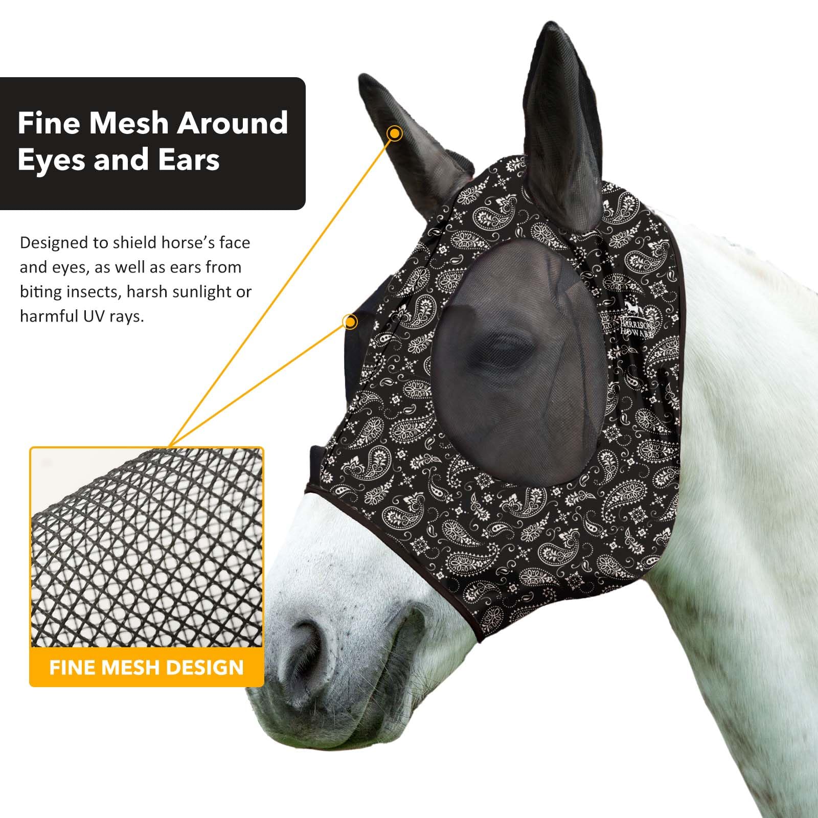 Harrison Howard Super Comfort Stretchy Fly Mask Large Eye Space with UV Protection Soft on Skin with Breathability Paisley Wave