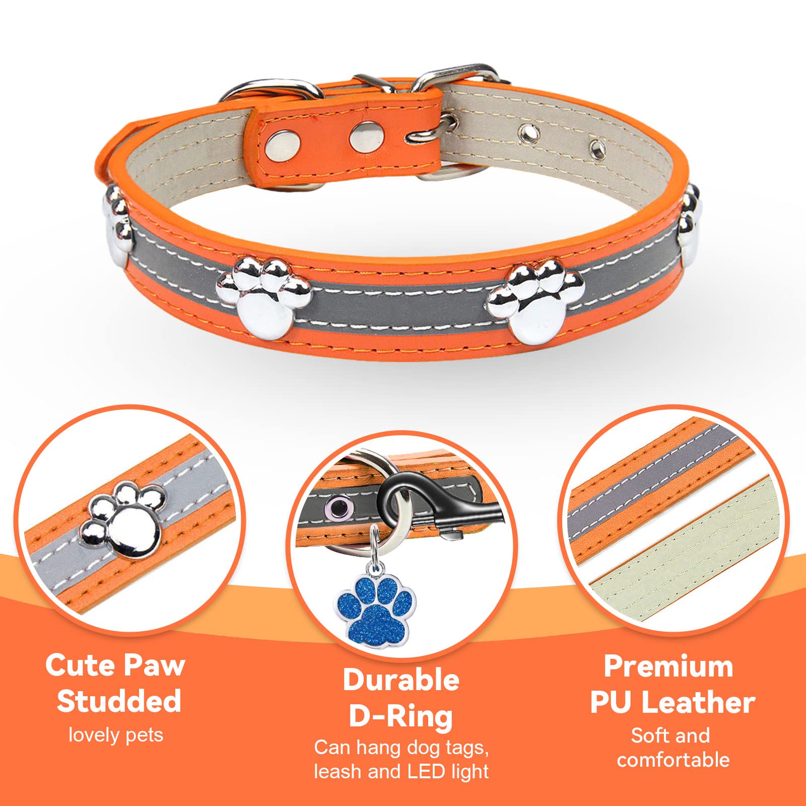 Petcare Reflective Dog Collar With Cute Paw Rivet Studded Funny Soft Pu Leather Adjustable Puppy Dog Collars For Small Medium Large Dogs Cats (Orange,X-Large)