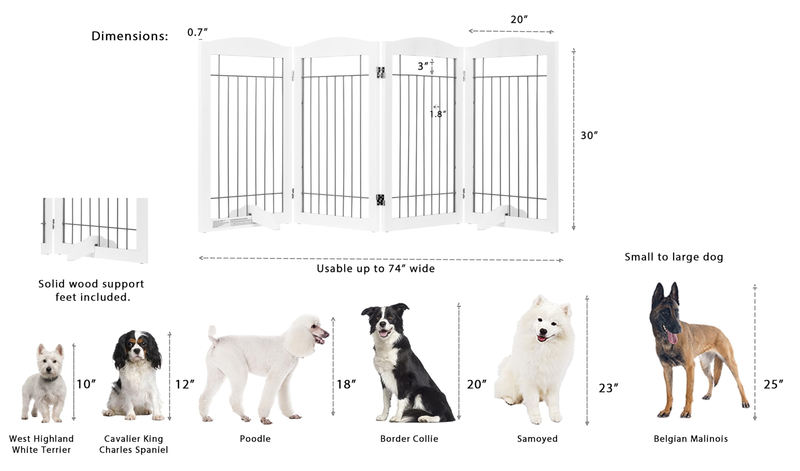 Spirich Extra Wide And Tall Dog Gate For The House, Doorway, Stairs, Freestanding Foldable Wire Pet Gate For Dogs, 80-Inch Wide,30 Inches Tall, White (4 Pannels)