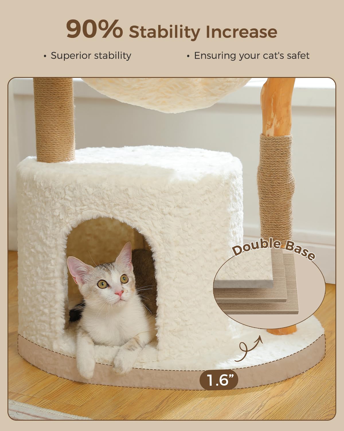 Muttros Modern Cat Tree For Large Cats, Wood Cat Tower For Indoor Cats, Real Branch Luxury Cat Furniture With Super Large Cozy C