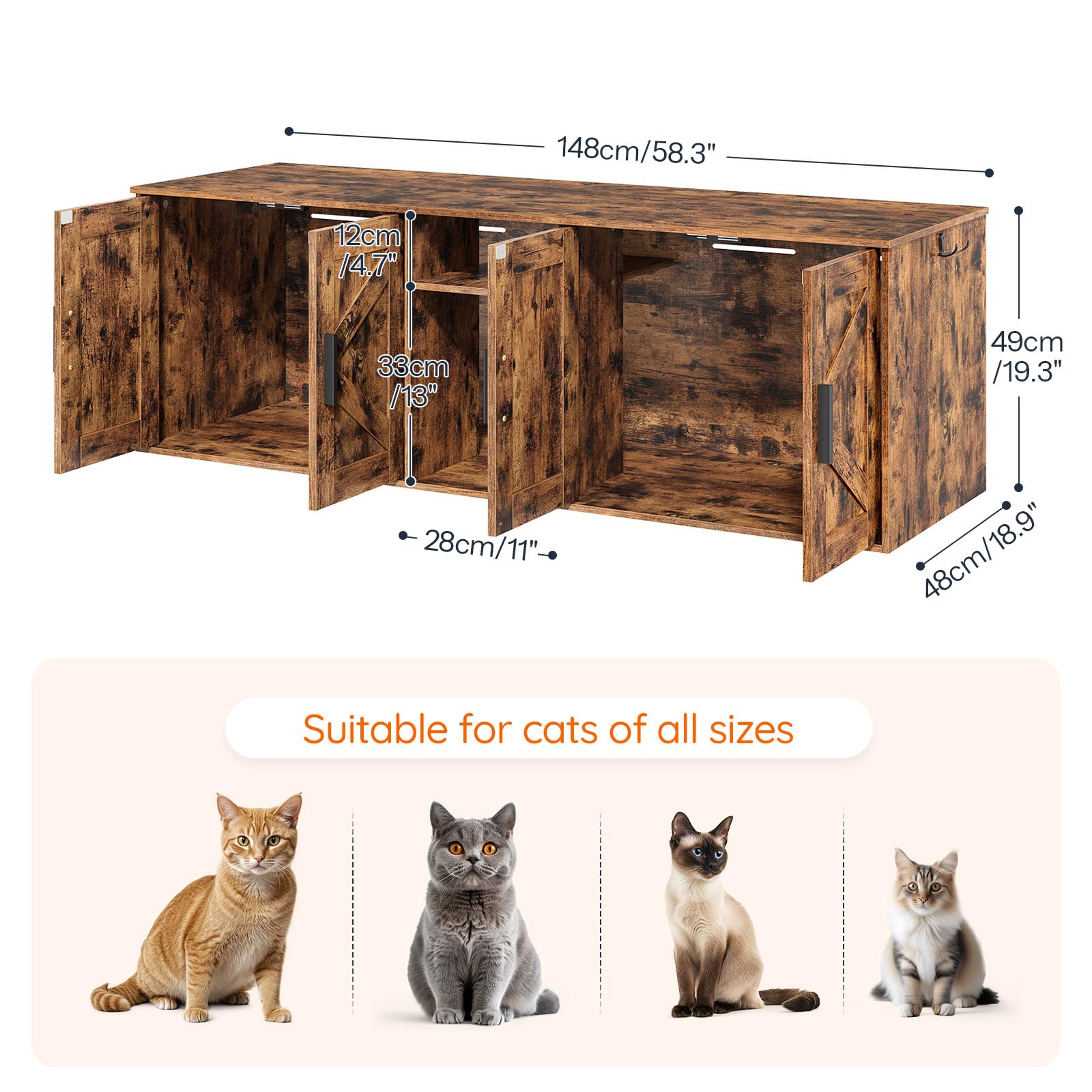 Hoobro 58.3' Cat Litter Box Enclosure, Litter Box Furniture For 2 Cats, Cat House With Corridor, Tv Stand With Storage, Litter