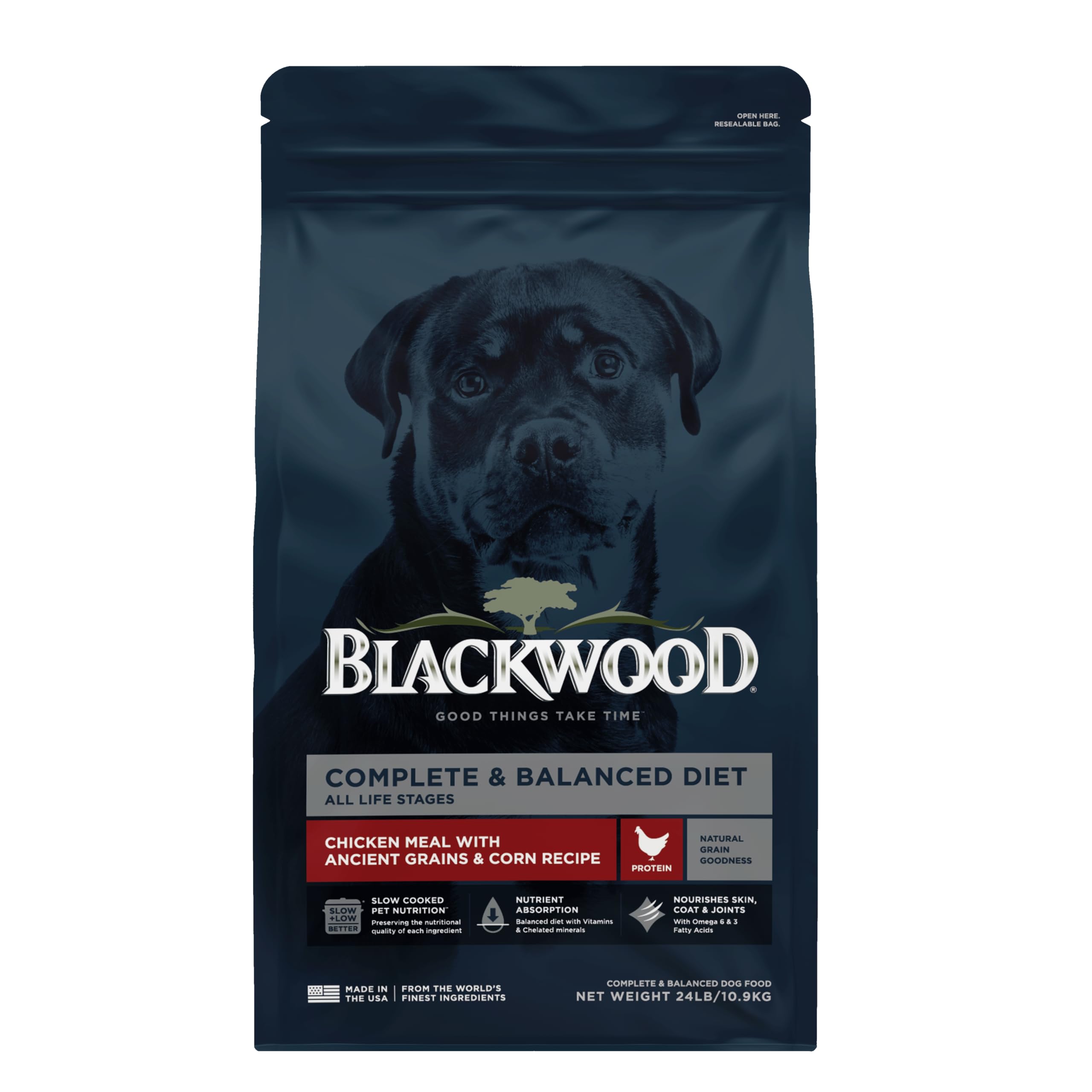 Blackwood Complete & Balanced Diet Dry Dog Food, Chicken Meal with Ancient Grains & Corn, 24 Pound Bag, Slow Cooked with Vitamin