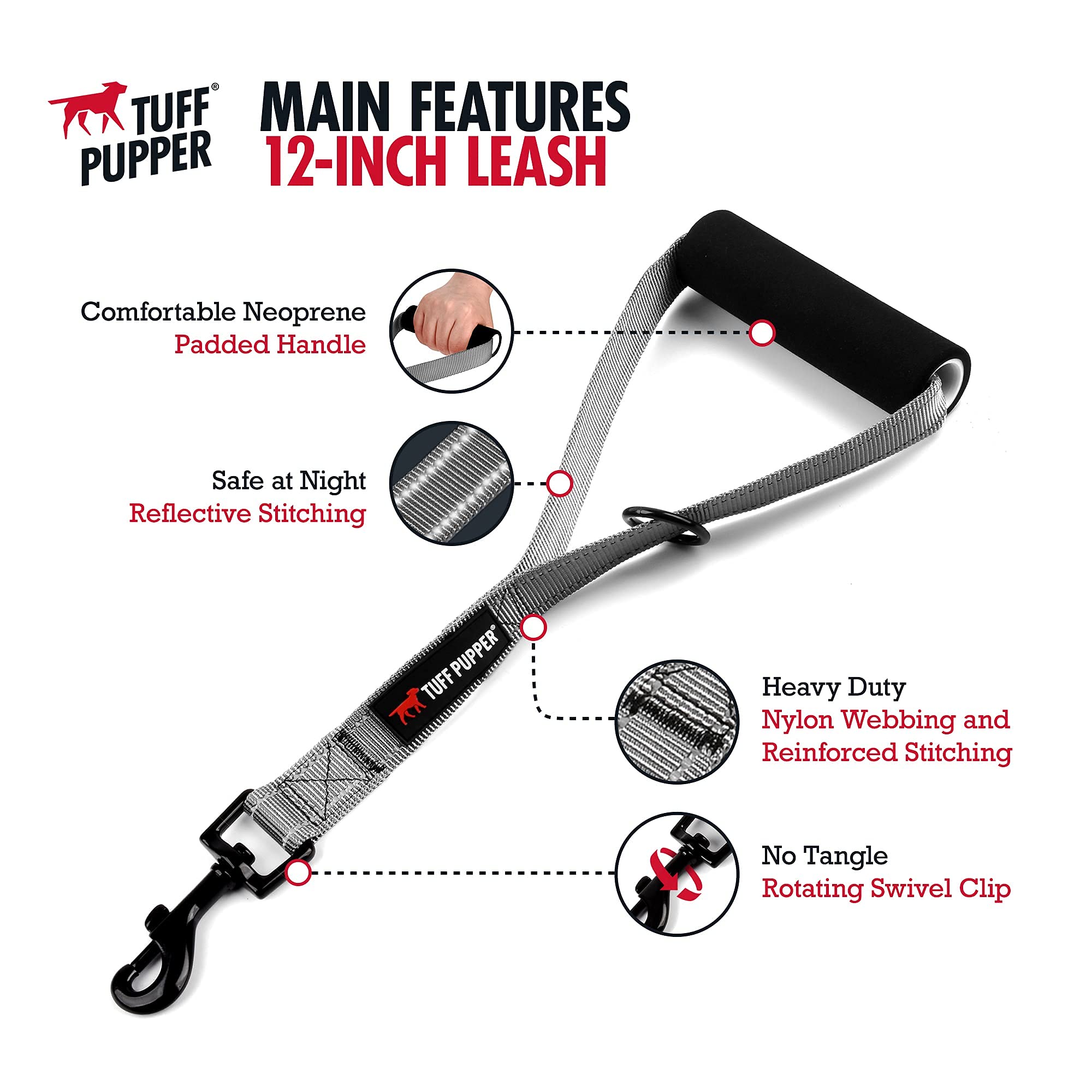 Tuff Pupper Service Dog Leash With Handle For Large Dogs | 12 Inch | Perfect For Services Dog Harness & Large Dog Training Leash | Traffic Leash Handle W/Padding | Short Leash Dog Coupler