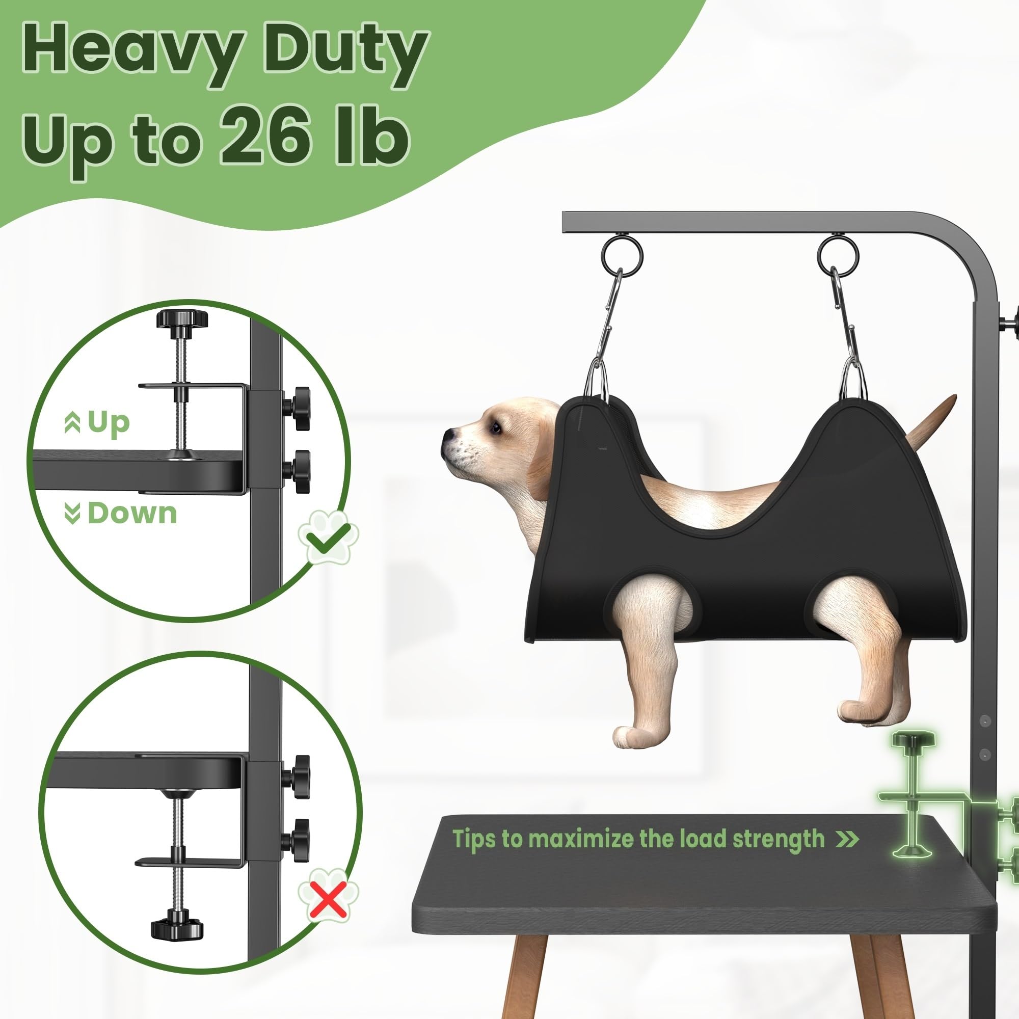 Adjustable Dog Grooming Arm with Clamps: 42 '' Height-Adjustable Pet Grooming Stand with Hammock and No-Sit Haunch Holders, Idea