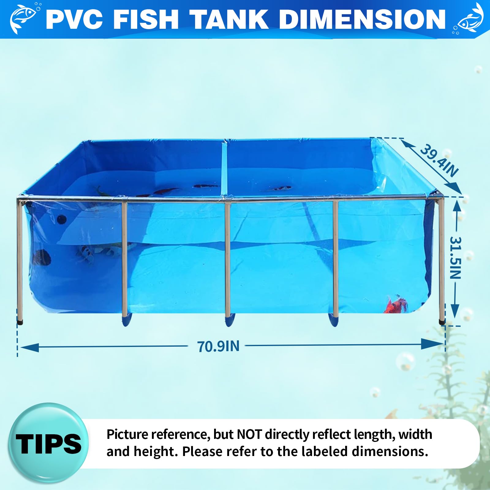 Pvc Koi Aquarium Tank, Temporary Fish Tank With Clear Viewing Panel, Koi/Goldfish Pond With 304Ss Frame & Drain Valve(70.9'' L*3