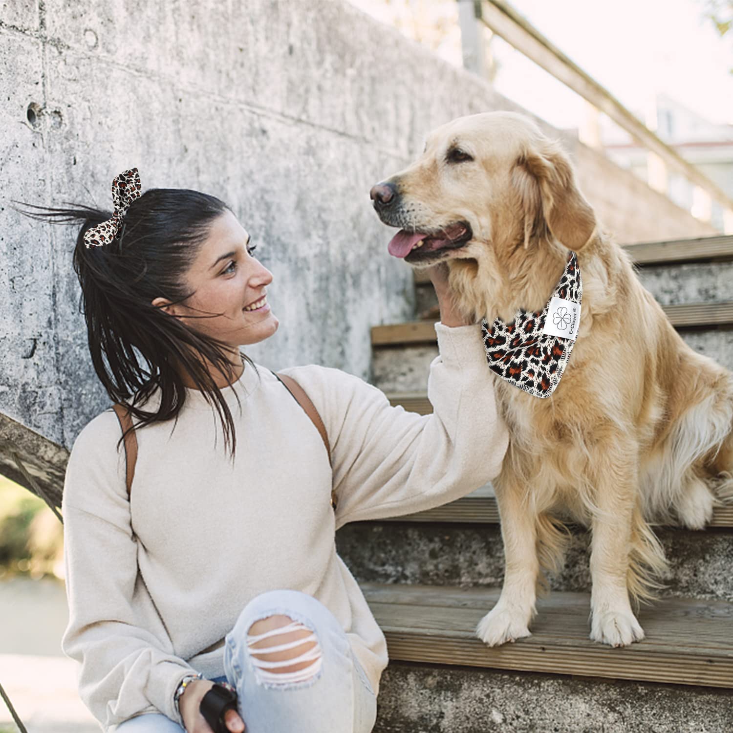 E-Clover Dog Bandanas & Matching Scrunchie Set Leopard Dog Bandana Bibs Washable Kerchief Scarf For Medium Large Dogs & Owner