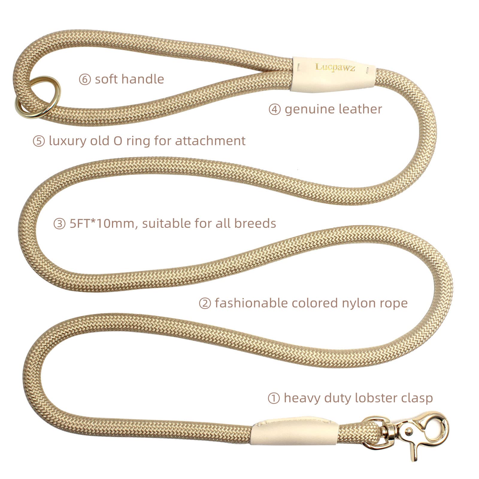 Lucpawz Lobster Snap Pet Leash 5Ft, Special Strong Nylon Rope Dog Leash, Solid Color Rope Dog Lead For All Breeds (Gold, 5Ft *10