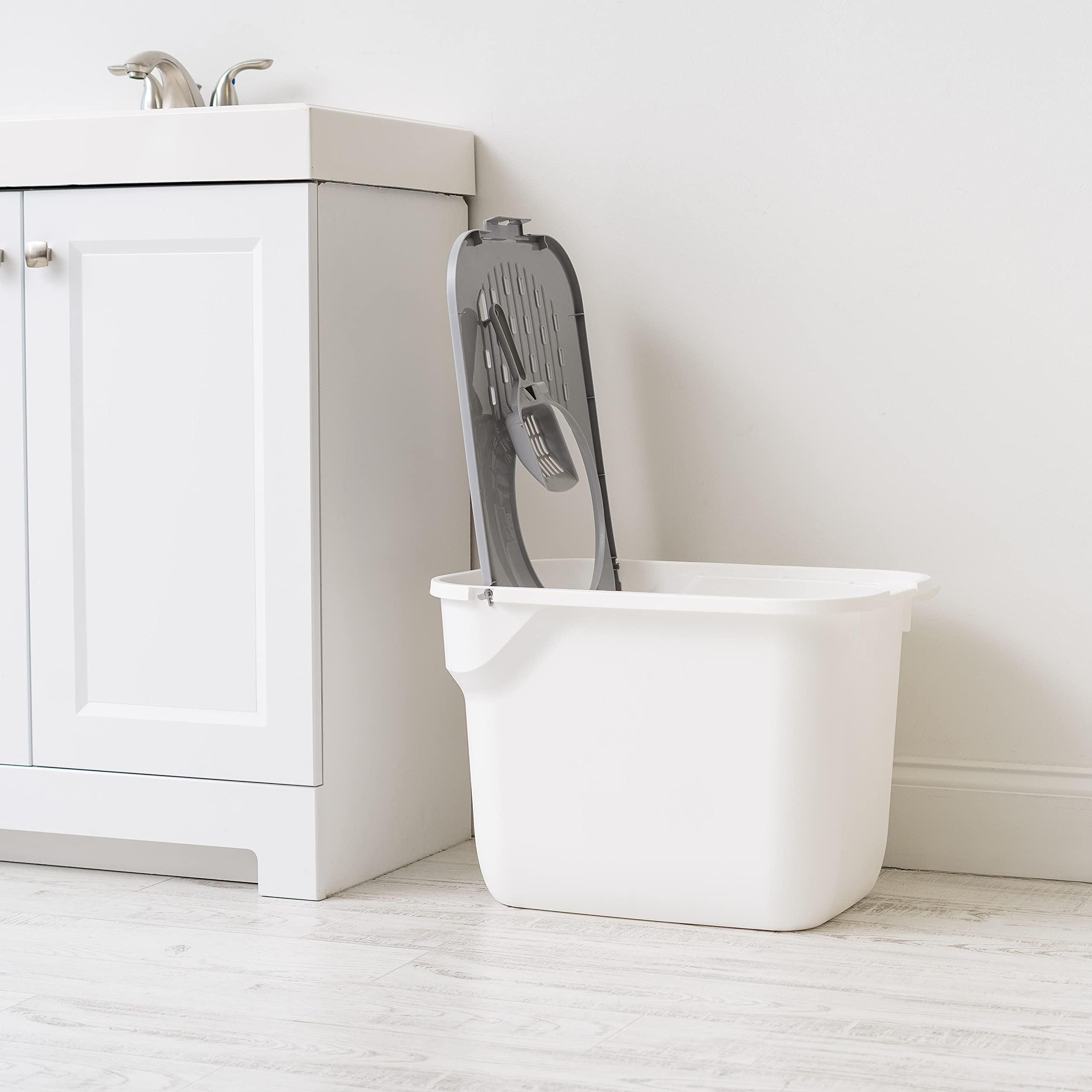 Iris Usa Cat Litter Box, Top Entry Litter Box With Scoop, Large Cat Litter Box Enclosure, Kitty Litter Box, Litter Box With Litter Catching Lid, White/Gray