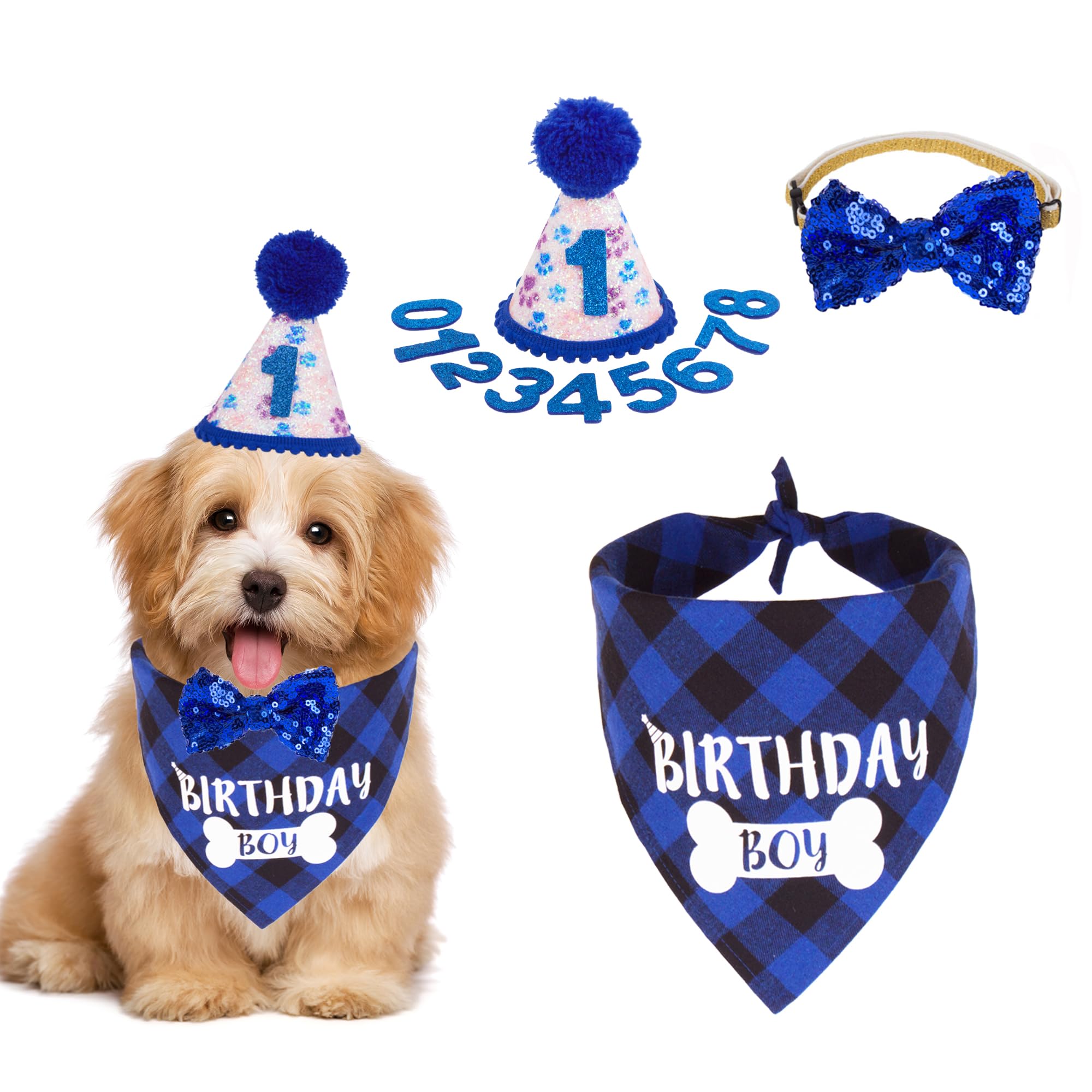 Adoggygo Boy Dog Birthday Bandana & Bow Set - Plaid With Numbers, Bling Bling Accents For Small Pets