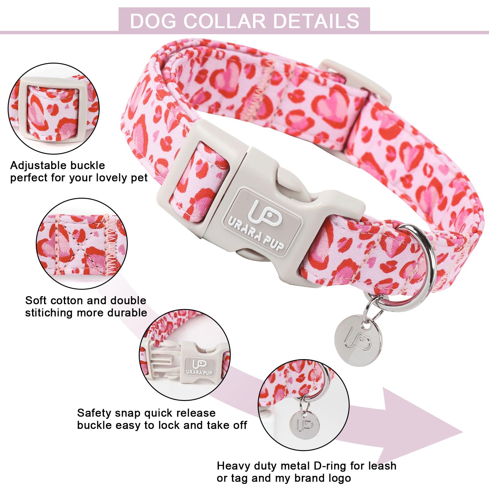 Up Urara Pup Valentines Dog Collar, Pink Heart Dog Collar With Quick Release, Valentines Gift Pet Collar For Puppy Girl Boy Dogs