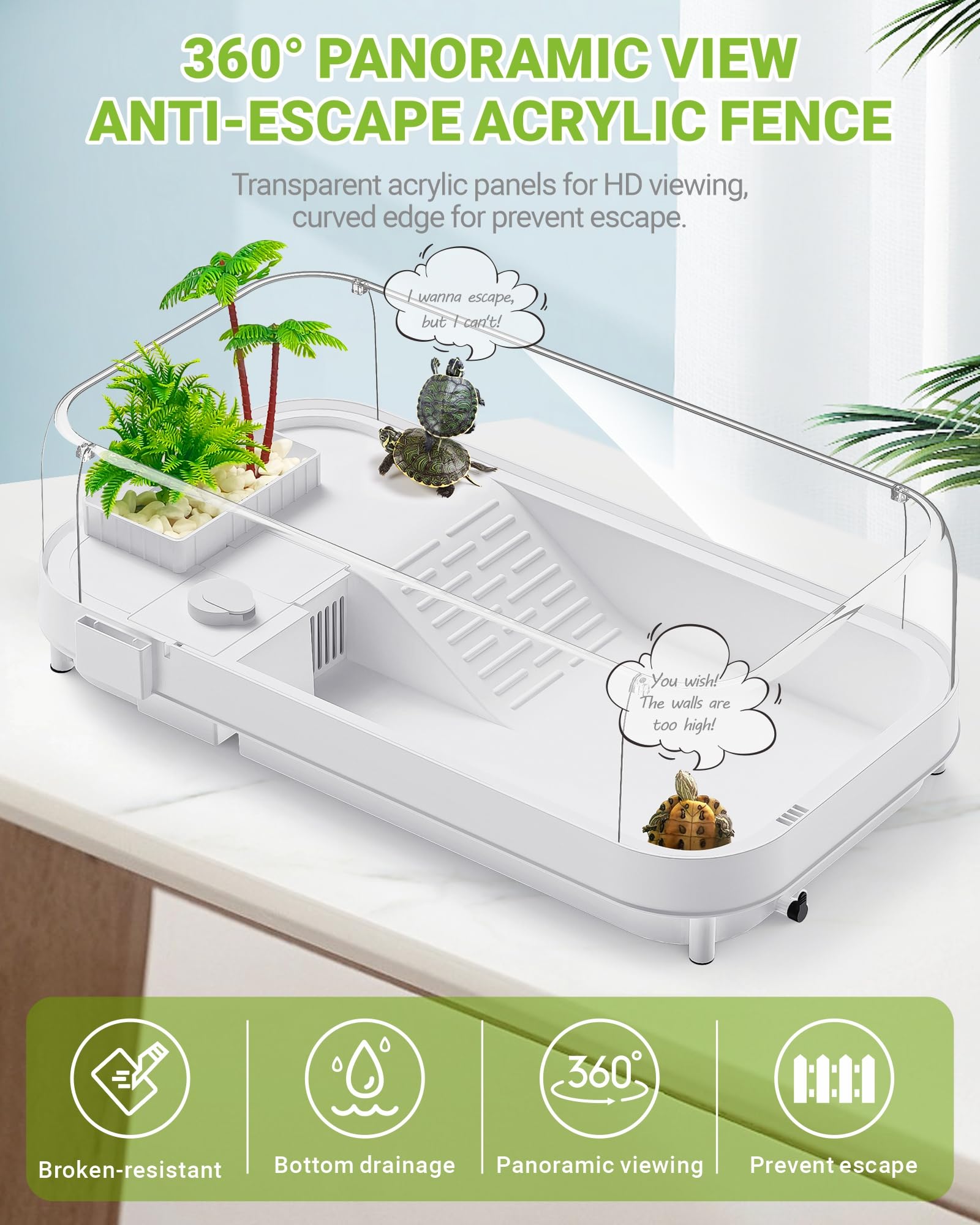 Moonorange Large Turtle Tank Kit - Acrylic Starter Kit With Curved Fences, Multi-Function Areas